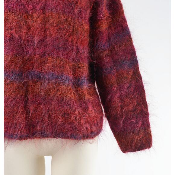 Vintage Burgundy Hand Knit Shaggy Mohair Striped Sweater size M - Picture 6 of 7